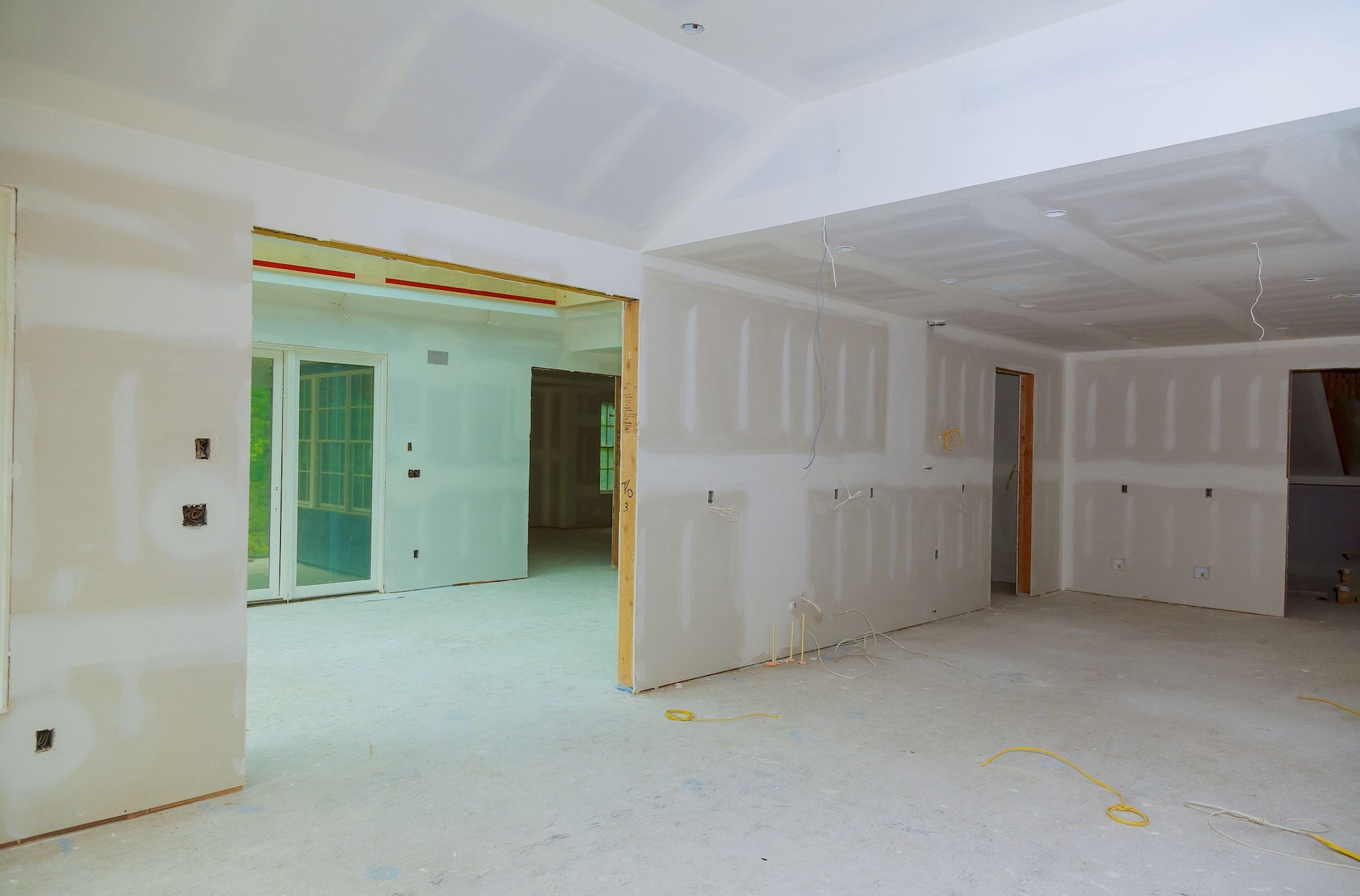 Close up on ceiling construction details with building gypsum plaster walls and ceiling of home